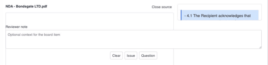 The bottom of the evidence panel: a reviewer note field labelled optional context for the board item, and Clear, Issue and Question buttons.